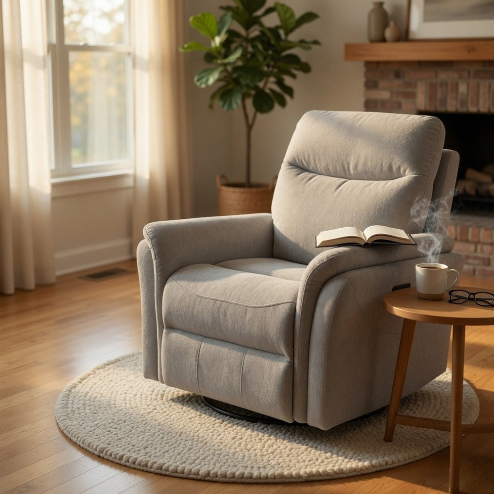 Benjara Asley Swivel Power Glider Recliner Chair with USB Ports, Ivory Fabric