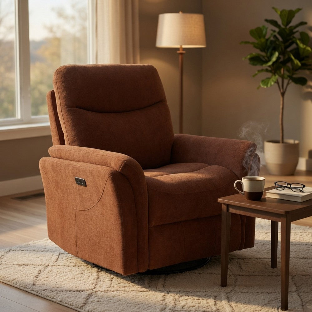 Benjara Asley Swivel Power Glider Recliner Chair with USB Ports, Brown Fabric