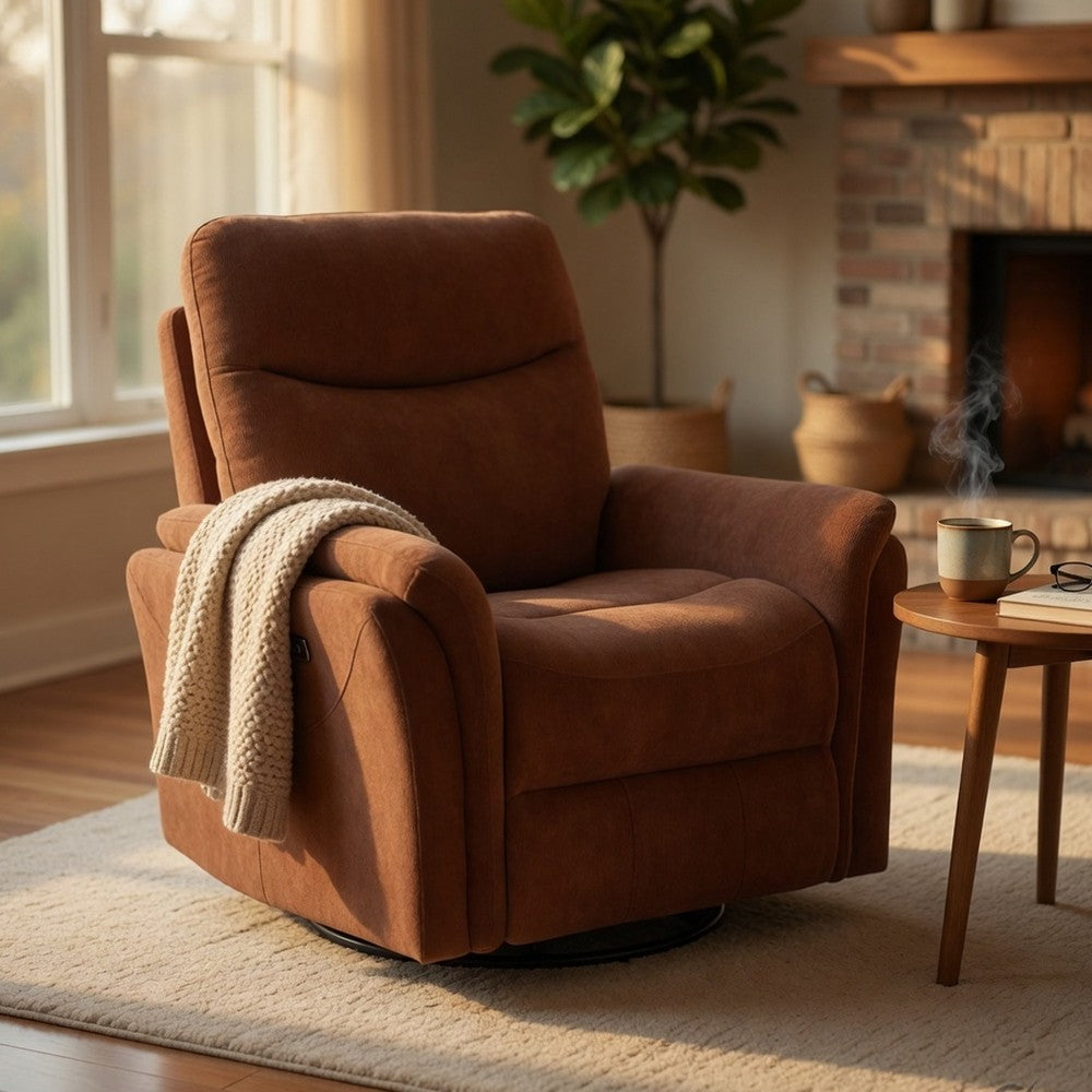Benjara Asley Swivel Power Glider Recliner Chair with USB Ports, Brown Fabric