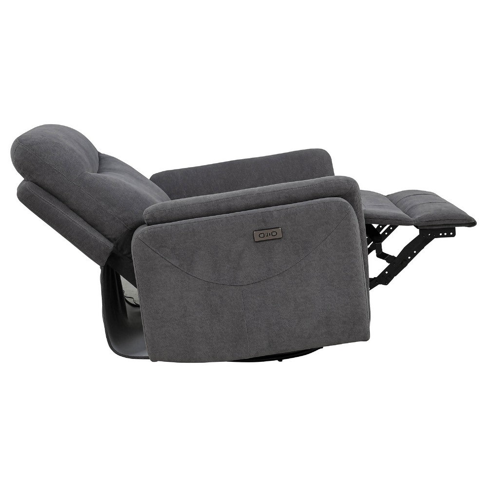 Benjara Asley Power Glider Recliner Chair, Swivel Base, USB Ports, Gray Fabric