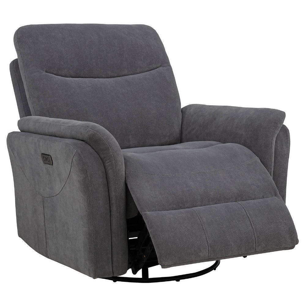 Benjara Asley Power Glider Recliner Chair, Swivel Base, USB Ports, Gray Fabric