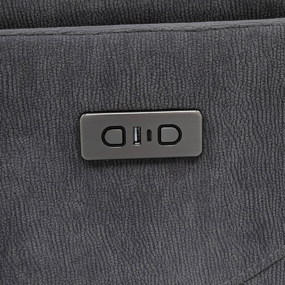 Benjara Asley Power Glider Recliner Chair, Swivel Base, USB Ports, Gray Fabric