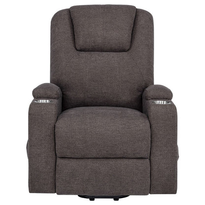 Benjara Louis Power Lift Massage Recliner Chair with Cup Holders, Brown Chenille