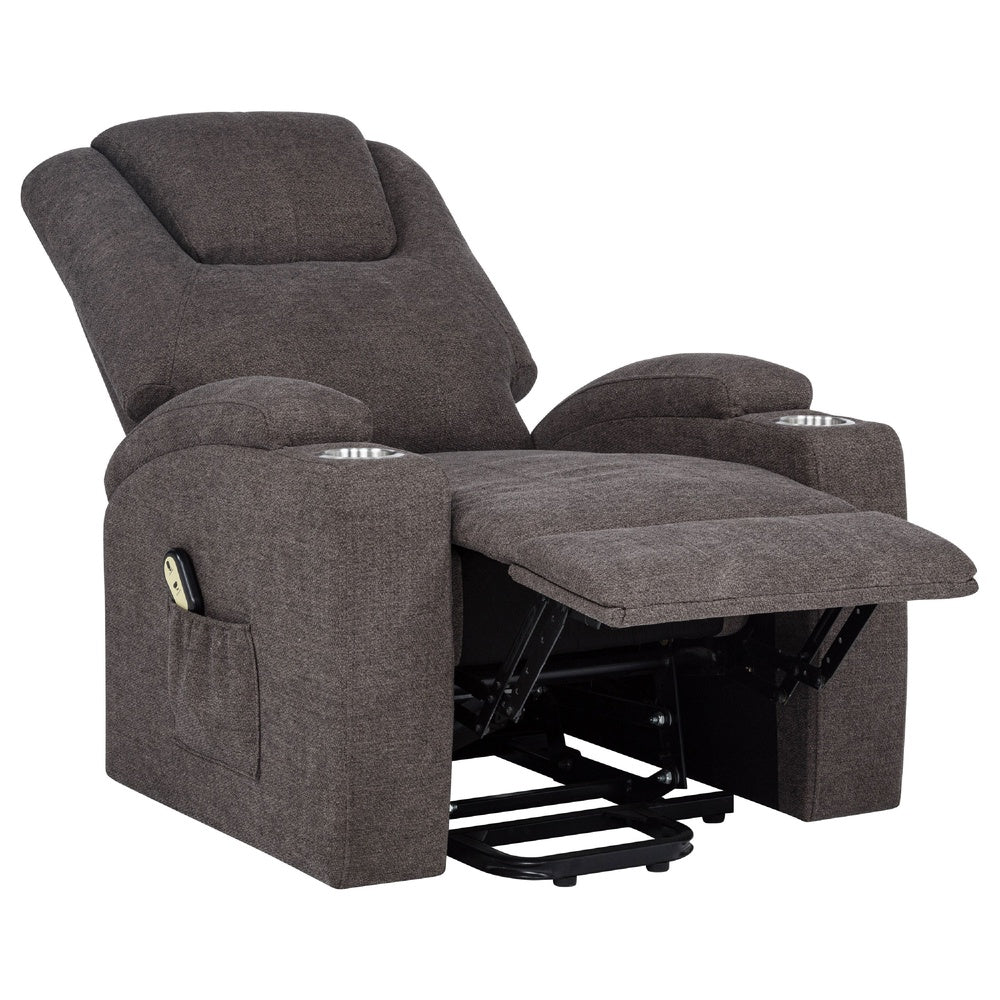 Benjara Louis Power Lift Massage Recliner Chair with Cup Holders, Brown Chenille