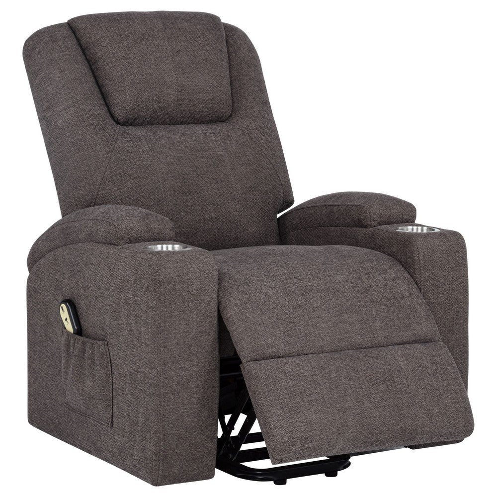 Benjara Louis Power Lift Massage Recliner Chair with Cup Holders, Brown Chenille