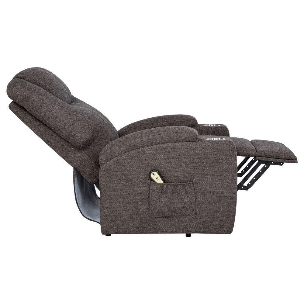 Benjara Louis Power Lift Massage Recliner Chair with Cup Holders, Brown Chenille