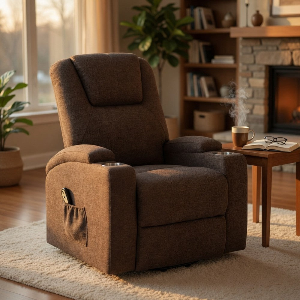 Benjara Louis Power Lift Massage Recliner Chair with Cup Holders, Brown Chenille