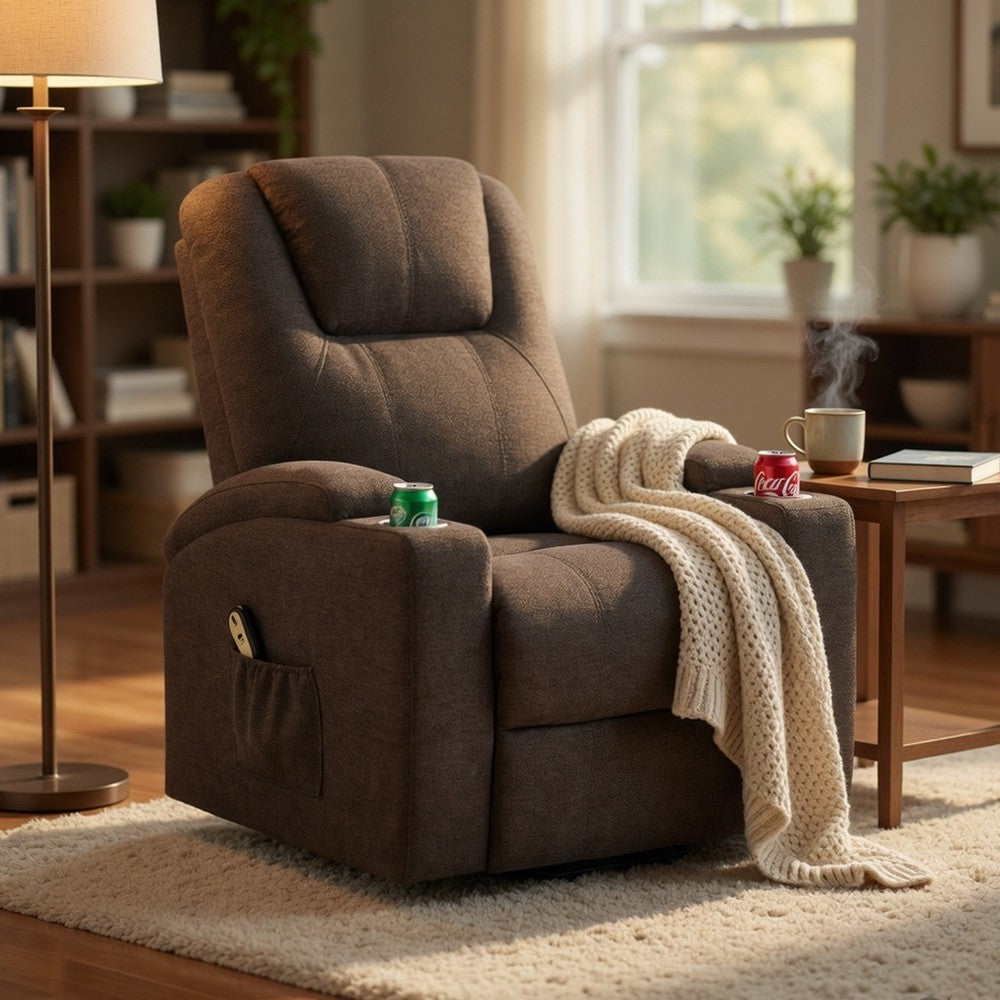 Benjara Louis Power Lift Massage Recliner Chair with Cup Holders, Brown Chenille