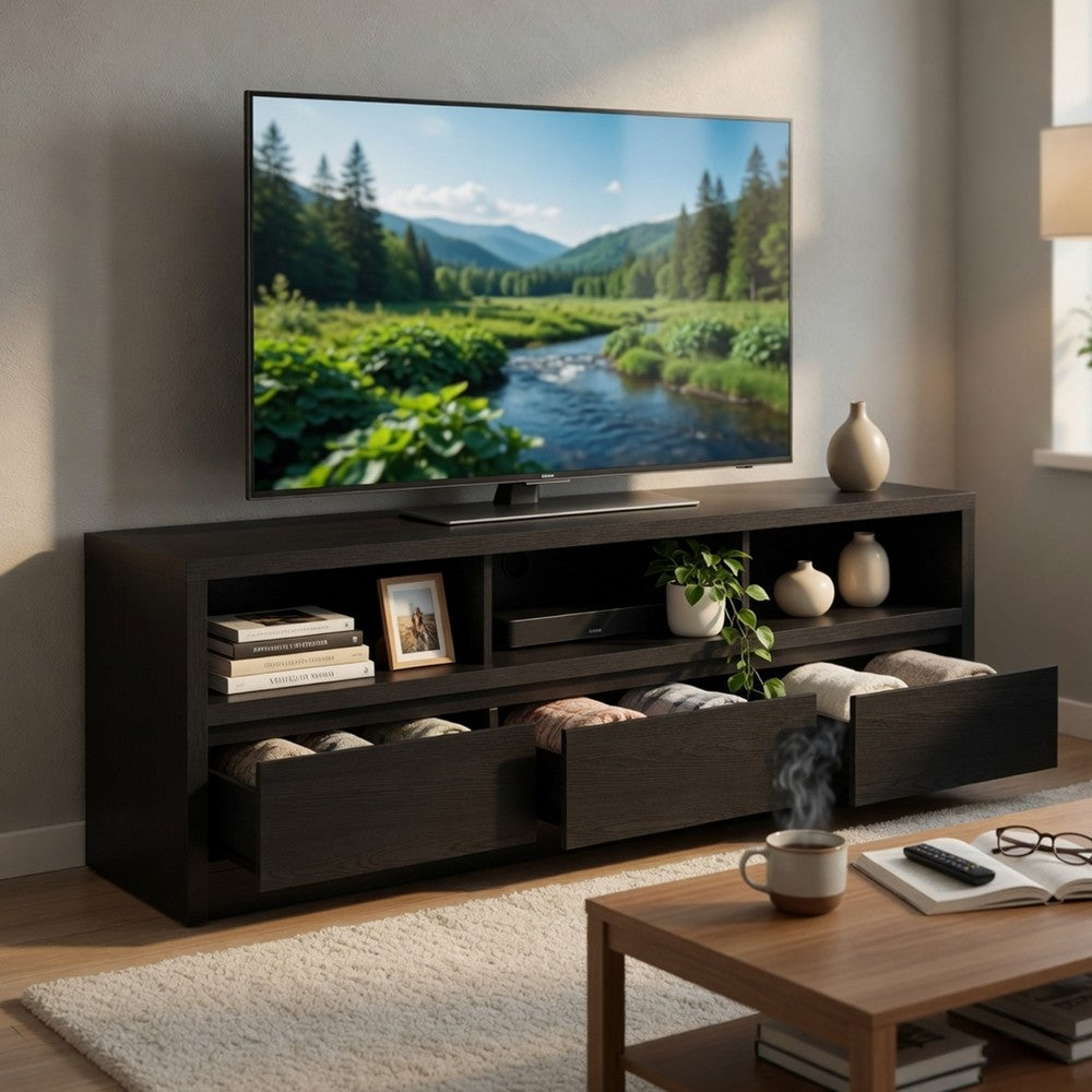 Benjara Rutvy TV Stand Media Console with 3 Drawers, Open Shelves, Black Wood