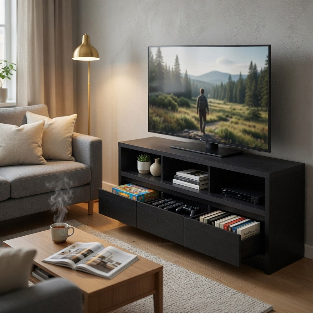 Benjara Rutvy TV Stand Media Console with 3 Drawers, Open Shelves, Black Wood