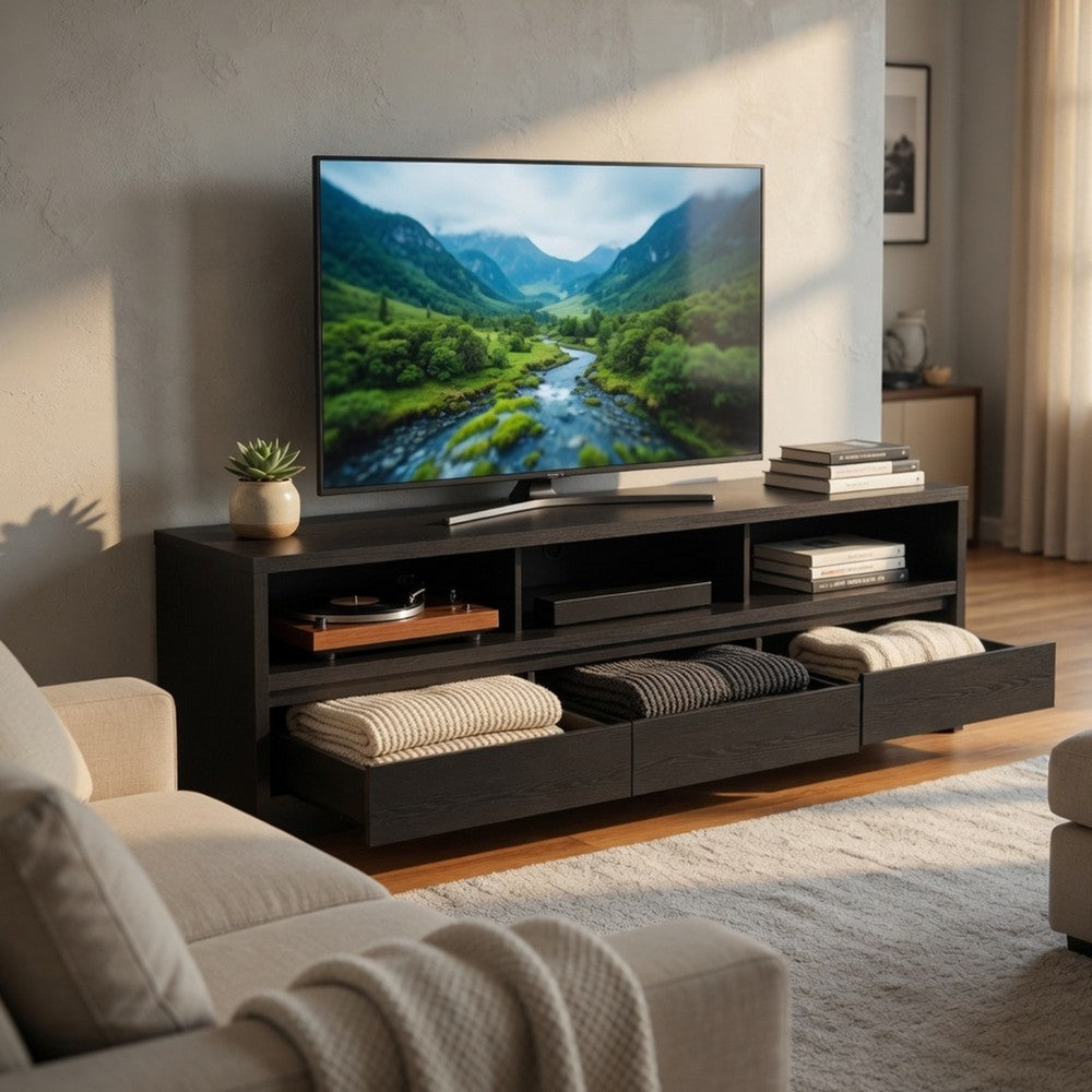 Benjara Rutvy TV Stand Media Console with Open Shelves, Black Wood 78 Inch
