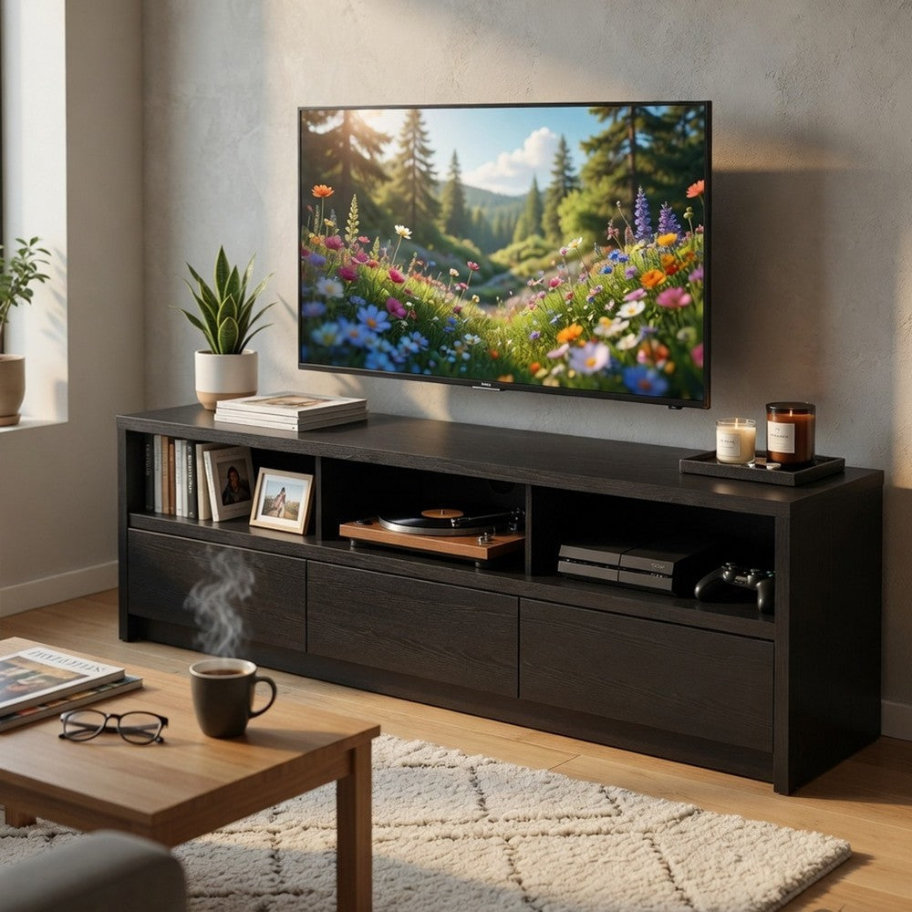 Benjara Rutvy TV Stand Media Console with Open Shelves, Black Wood 78 Inch