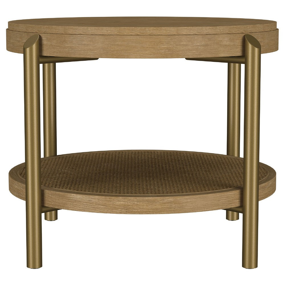 Benjara Fij Side End Table with Rattan Shelf, Brass Metal, Brown Wood 26 Inch