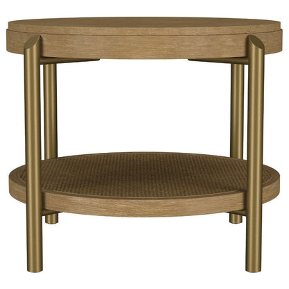 Benjara Fij Side End Table with Rattan Shelf, Brass Metal, Brown Wood 26 Inch