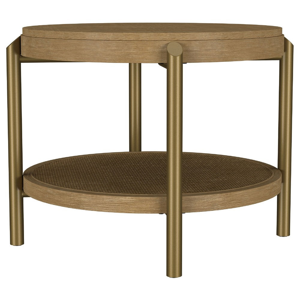 Benjara Fij Side End Table with Rattan Shelf, Brass Metal, Brown Wood 26 Inch