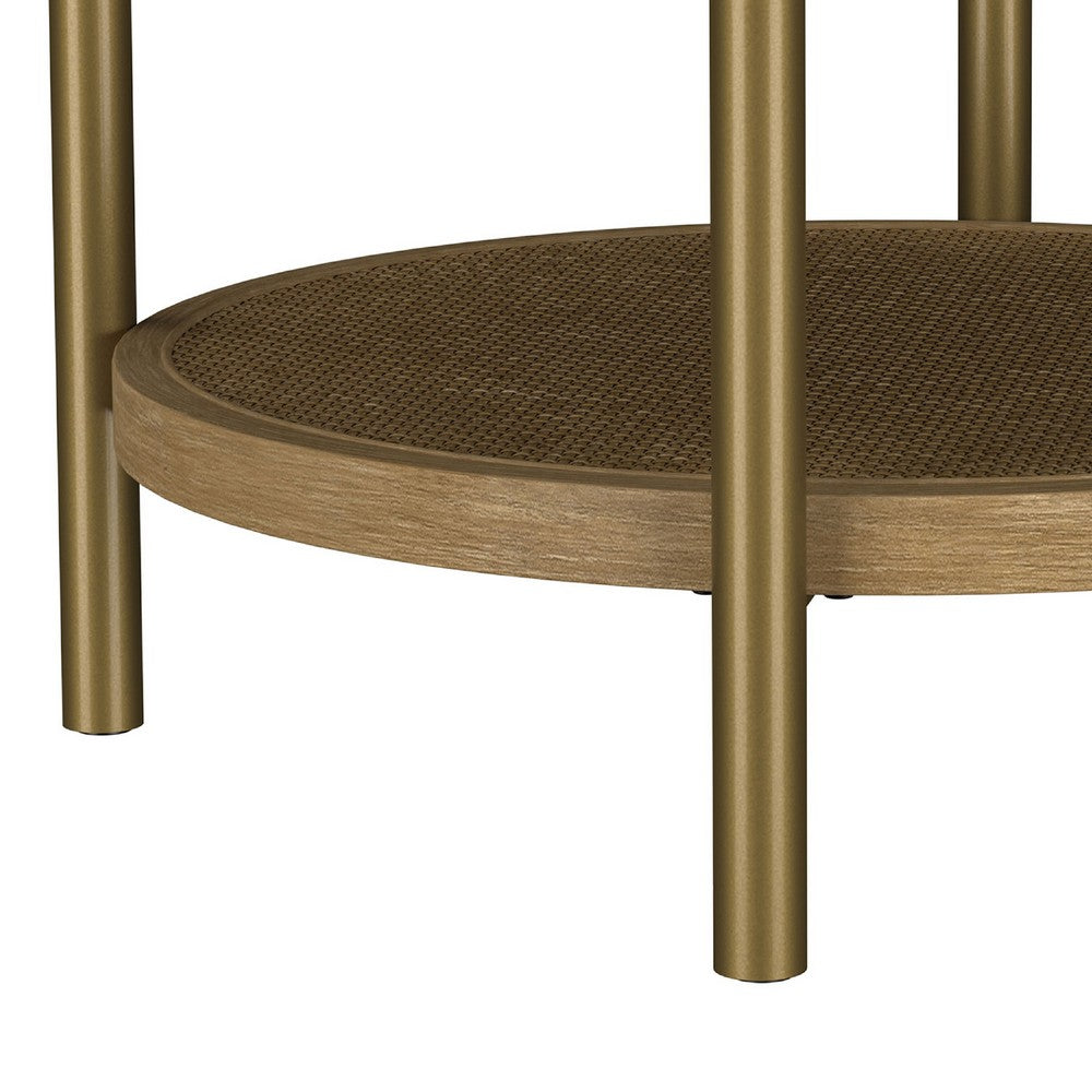 Benjara Fij Side End Table with Rattan Shelf, Brass Metal, Brown Wood 26 Inch