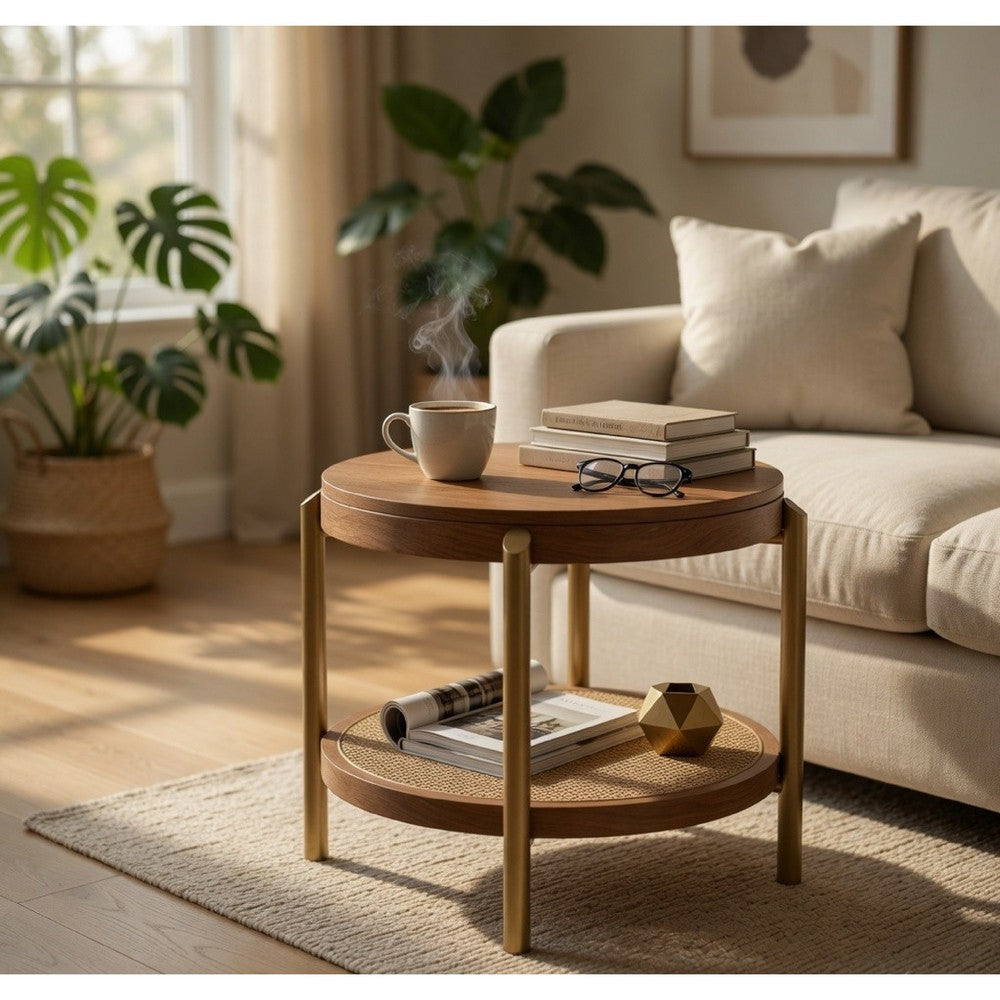 Benjara Fij Side End Table with Rattan Shelf, Brass Metal, Brown Wood 26 Inch