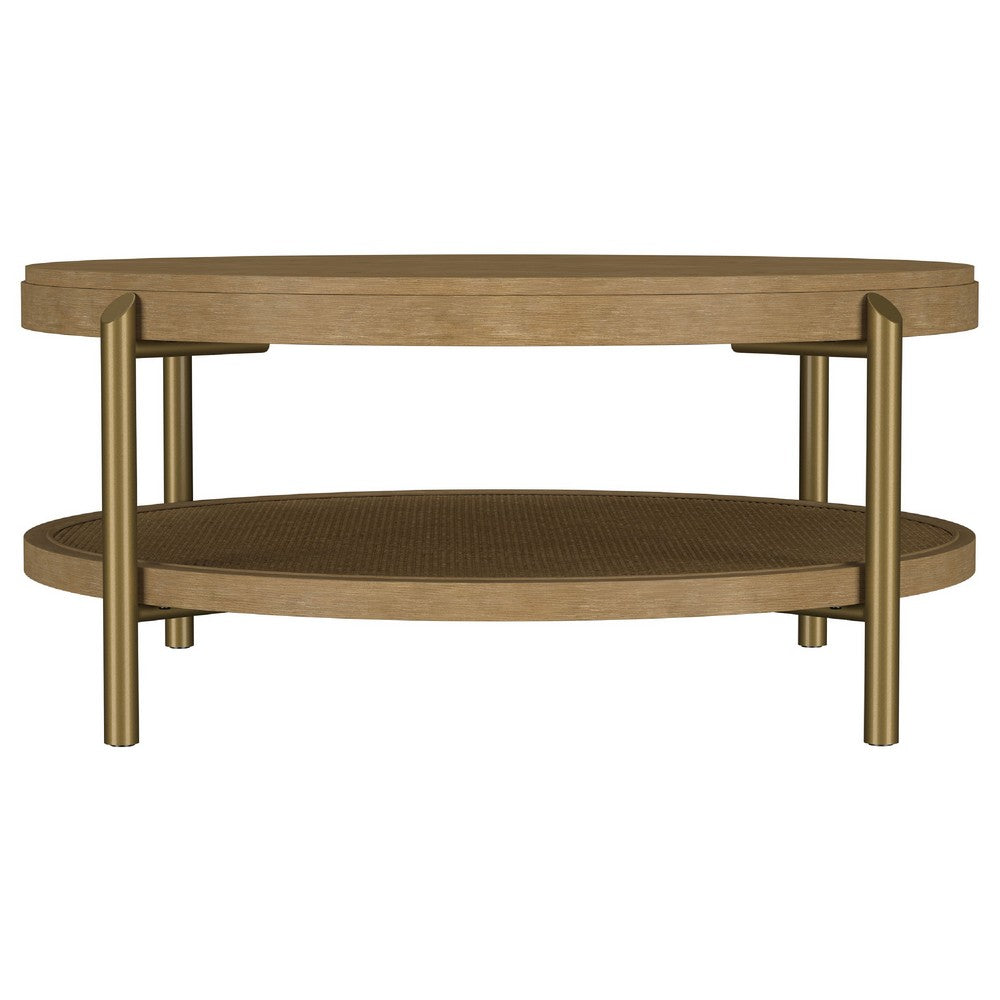 Benjara Fij Coffee Table with Rattan Shelf, Brass Metal, Brown Wood 41 Inch
