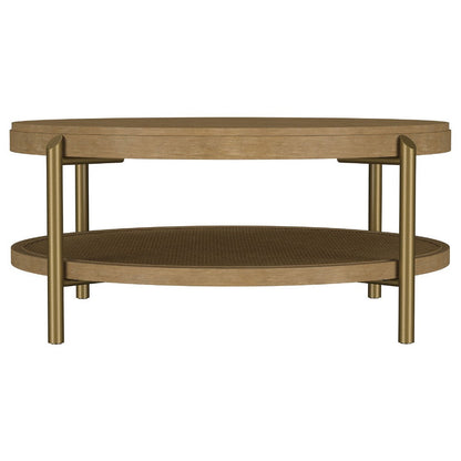Benjara Fij Coffee Table with Rattan Shelf, Brass Metal, Brown Wood 41 Inch