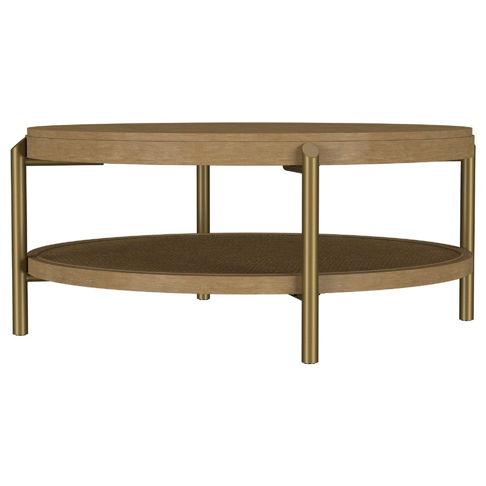 Benjara Fij Coffee Table with Rattan Shelf, Brass Metal, Brown Wood 41 Inch