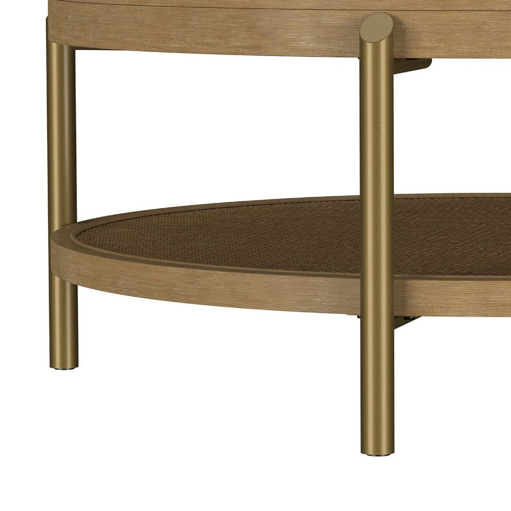 Benjara Fij Coffee Table with Rattan Shelf, Brass Metal, Brown Wood 41 Inch