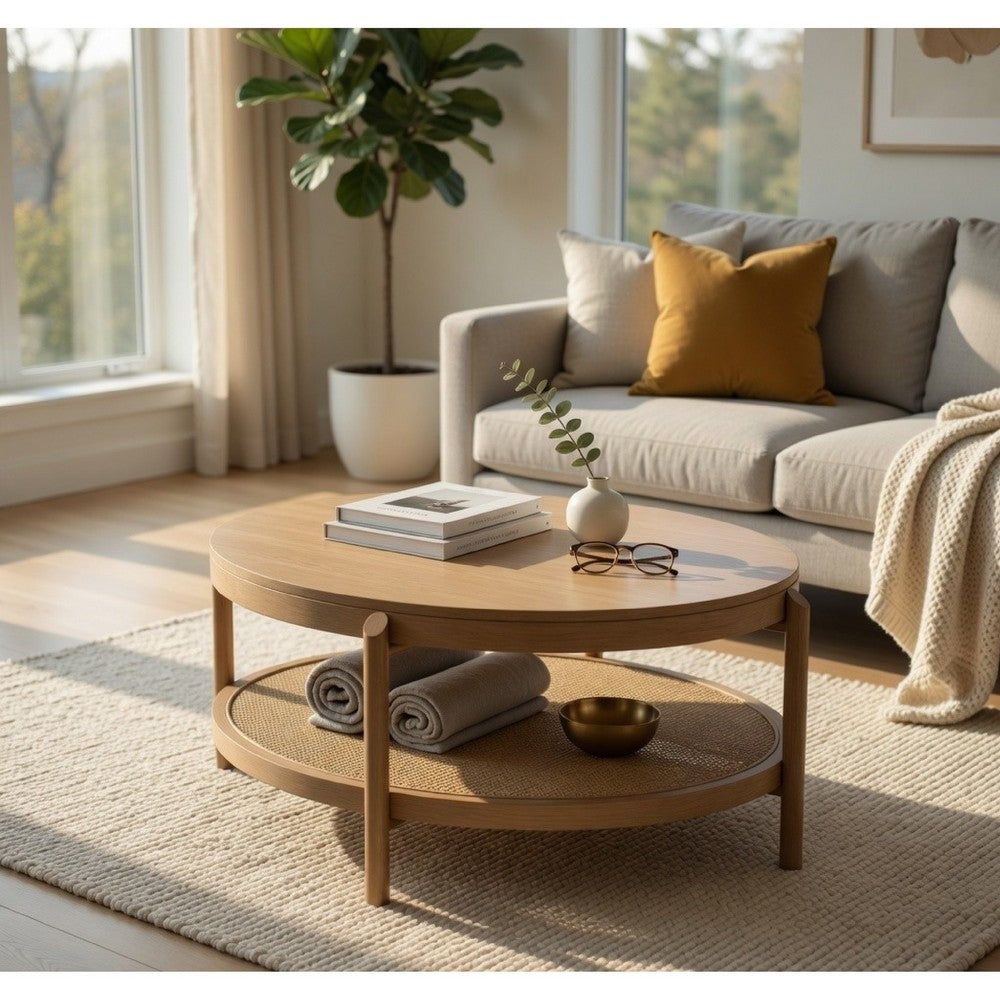 Benjara Fij Coffee Table with Rattan Shelf, Brass Metal, Brown Wood 41 Inch