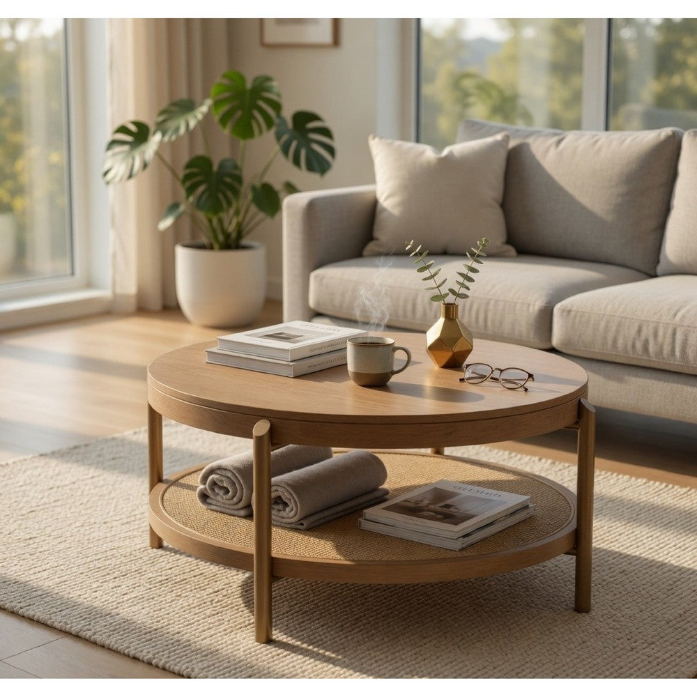 Benjara Fij Coffee Table with Rattan Shelf, Brass Metal, Brown Wood 41 Inch