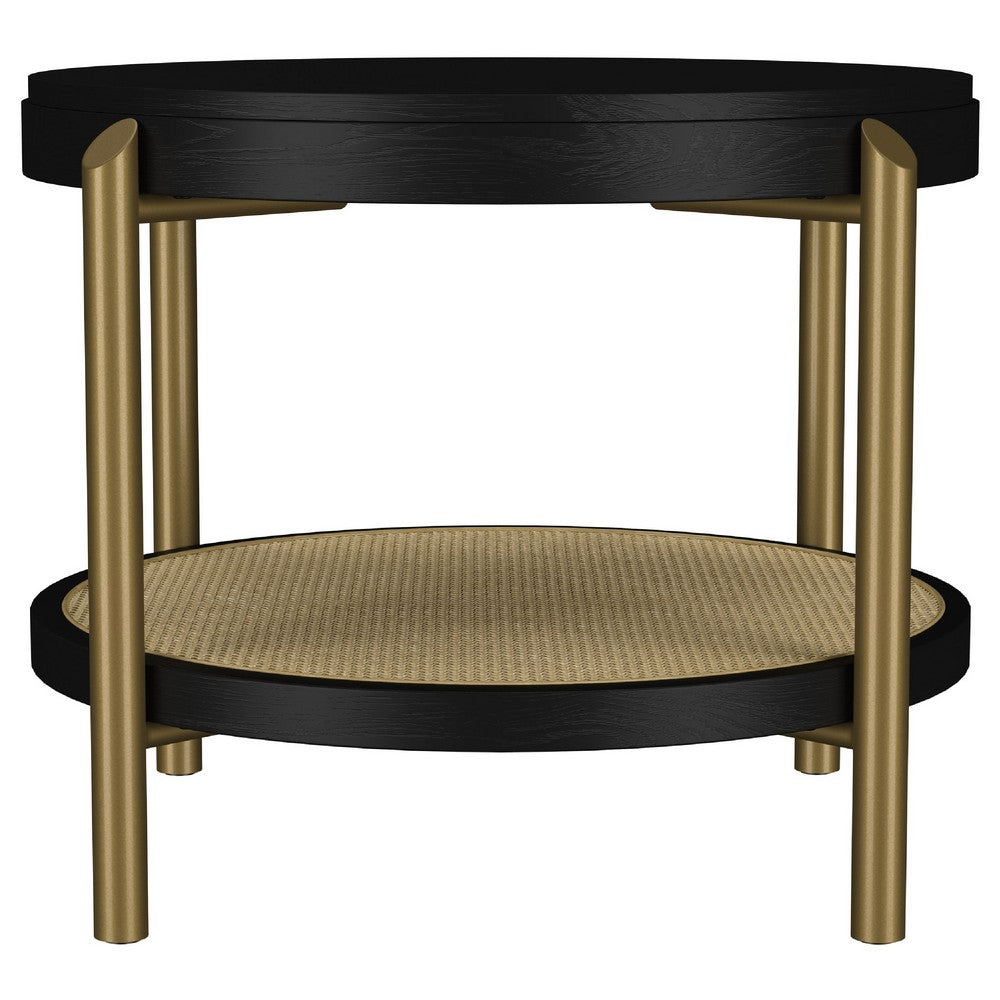 Benjara Fij Side End Table with Rattan Shelf, Brass Metal, Black Wood 26 Inch