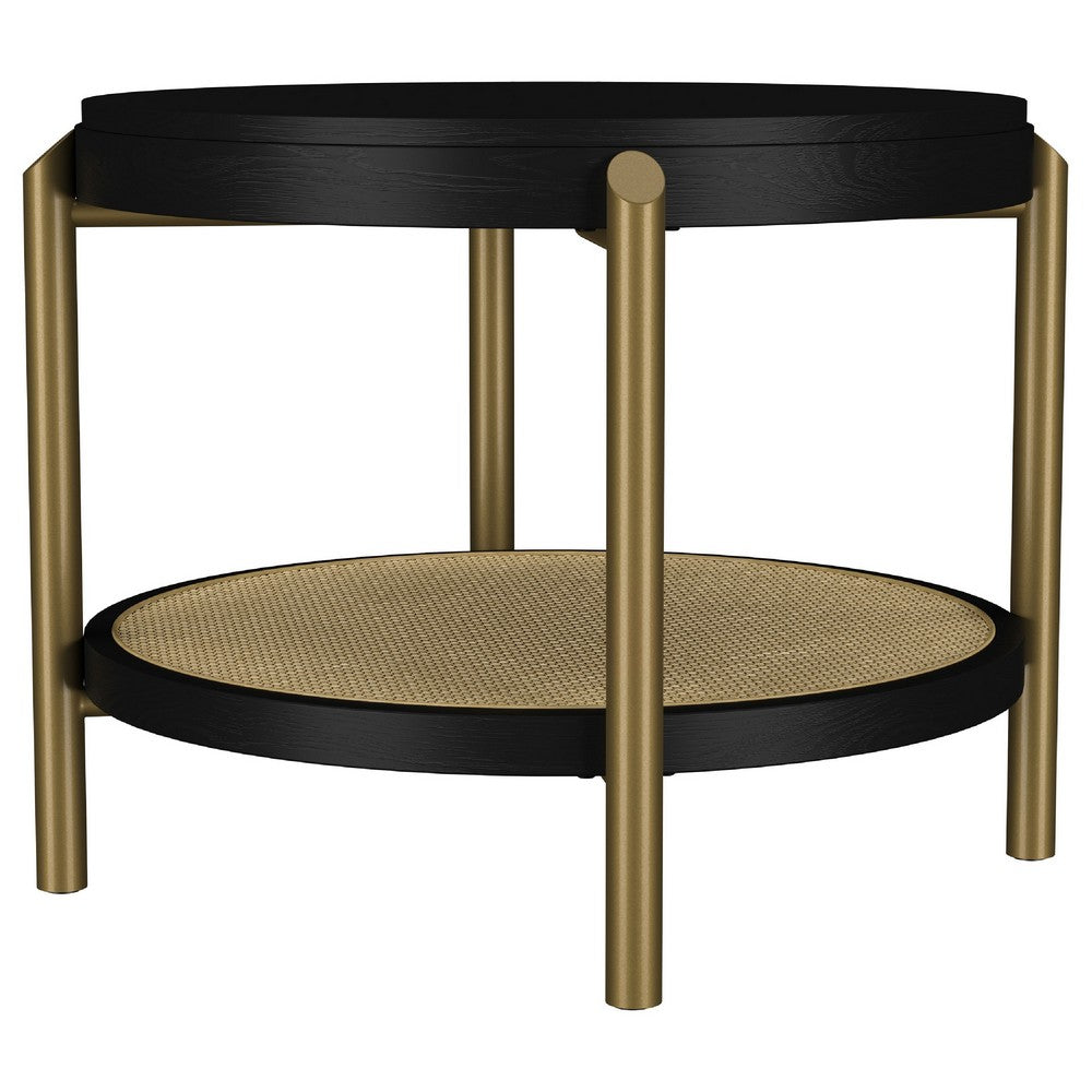 Benjara Fij Side End Table with Rattan Shelf, Brass Metal, Black Wood 26 Inch