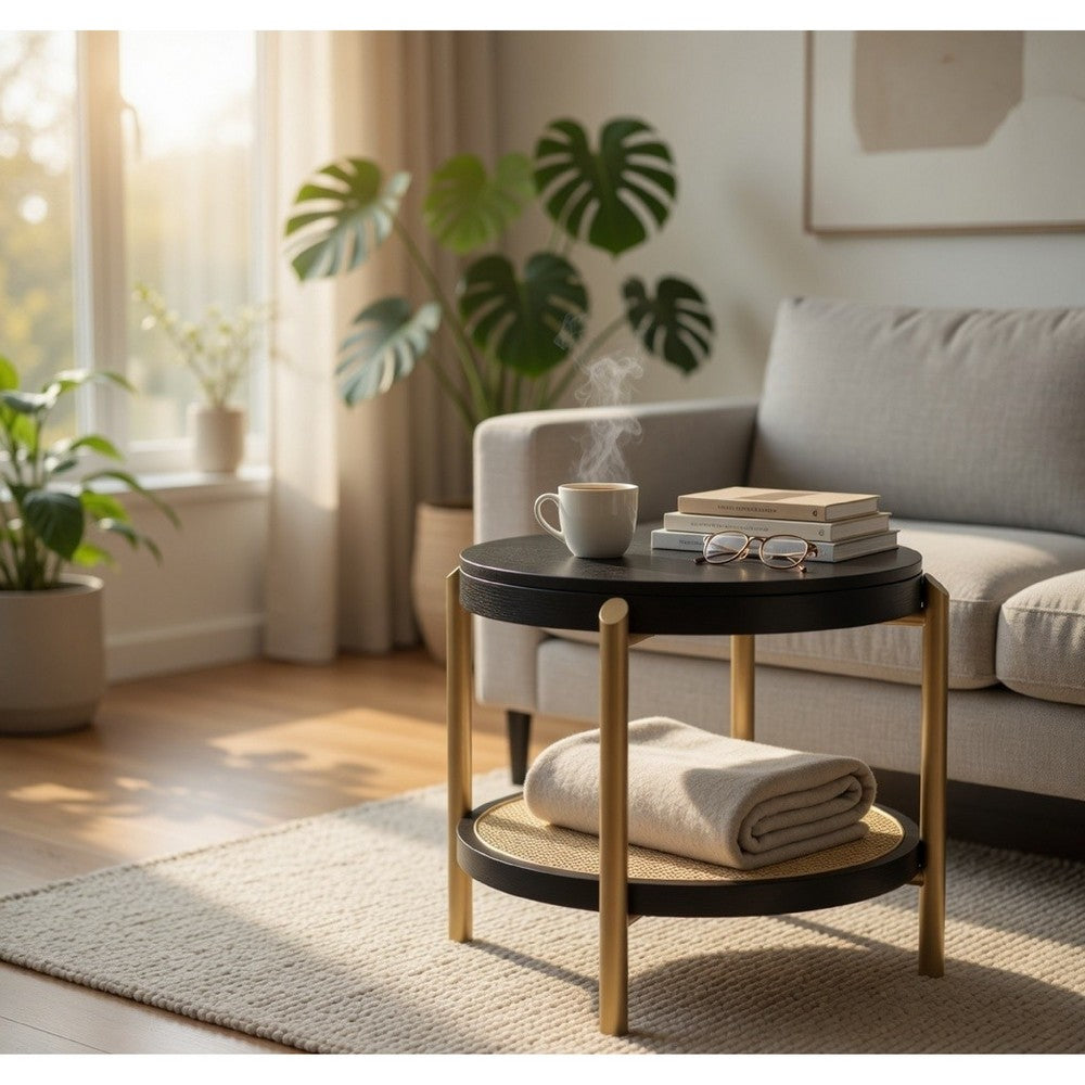 Benjara Fij Side End Table with Rattan Shelf, Brass Metal, Black Wood 26 Inch