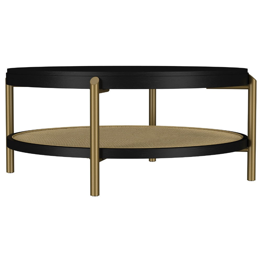 Benjara Fij Coffee Table with Rattan Shelf, Brass Metal, Black Wood 41 Inch