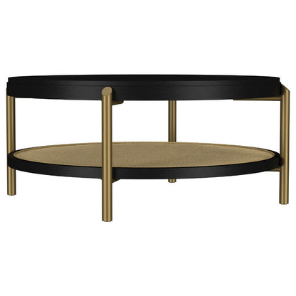 Benjara Fij Coffee Table with Rattan Shelf, Brass Metal, Black Wood 41 Inch