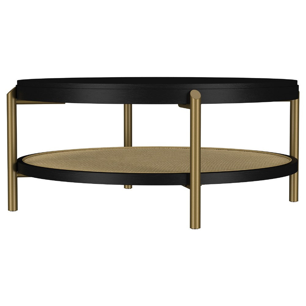 Benjara Fij Coffee Table with Rattan Shelf, Brass Metal, Black Wood 41 Inch