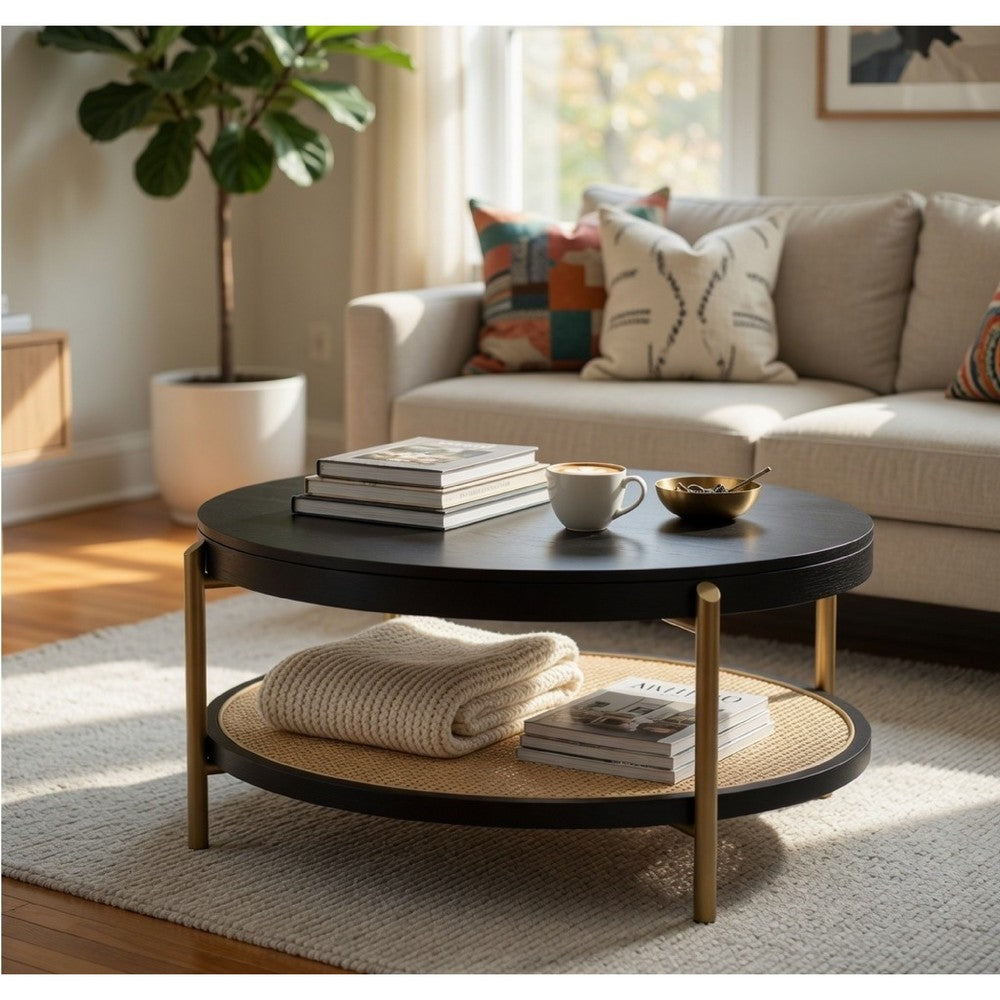 Benjara Fij Coffee Table with Rattan Shelf, Brass Metal, Black Wood 41 Inch