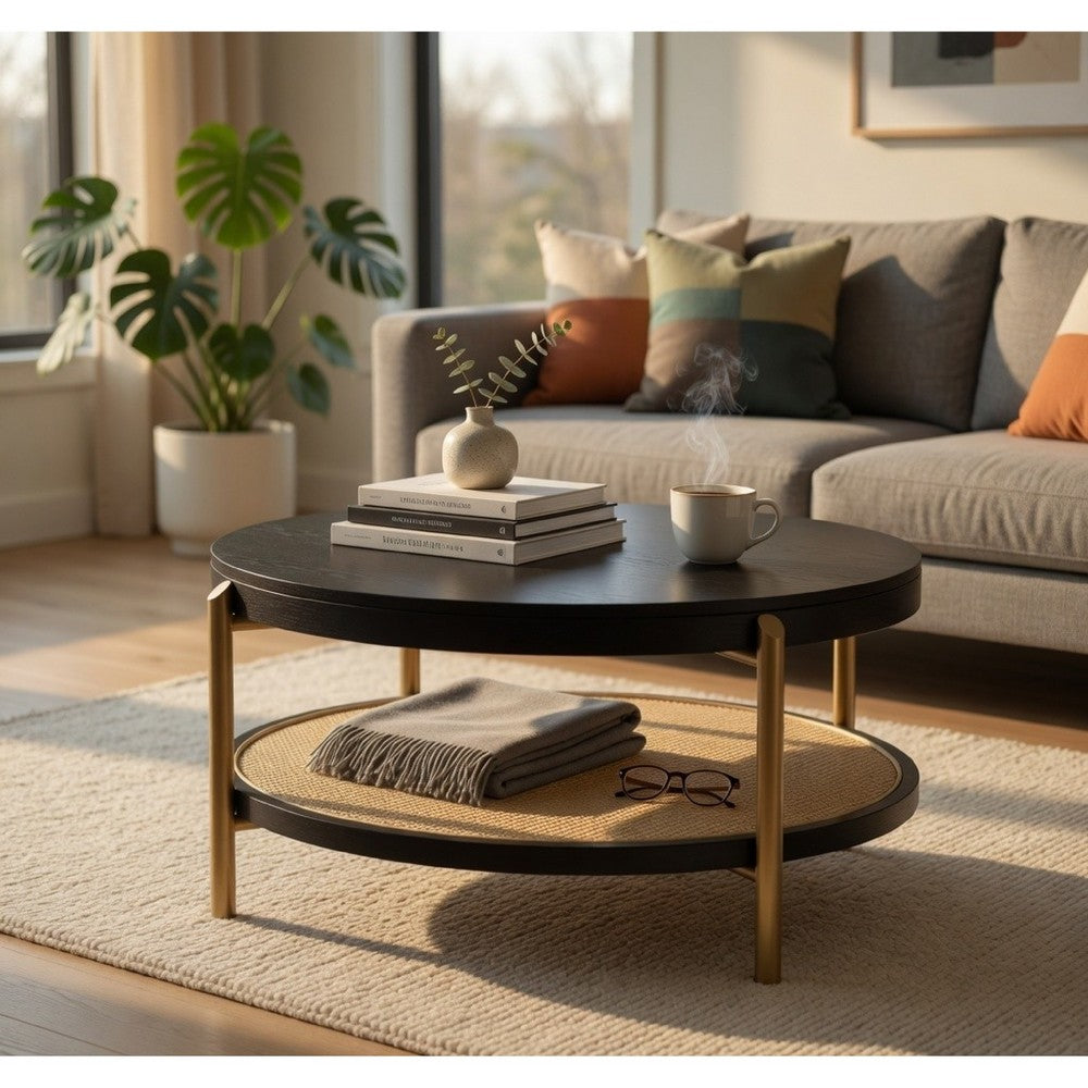 Benjara Fij Coffee Table with Rattan Shelf, Brass Metal, Black Wood 41 Inch