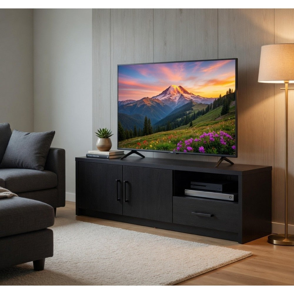Benjara Marge TV Stand Media Console, 2 Doors And Drawer, Black Wood 70 Inch
