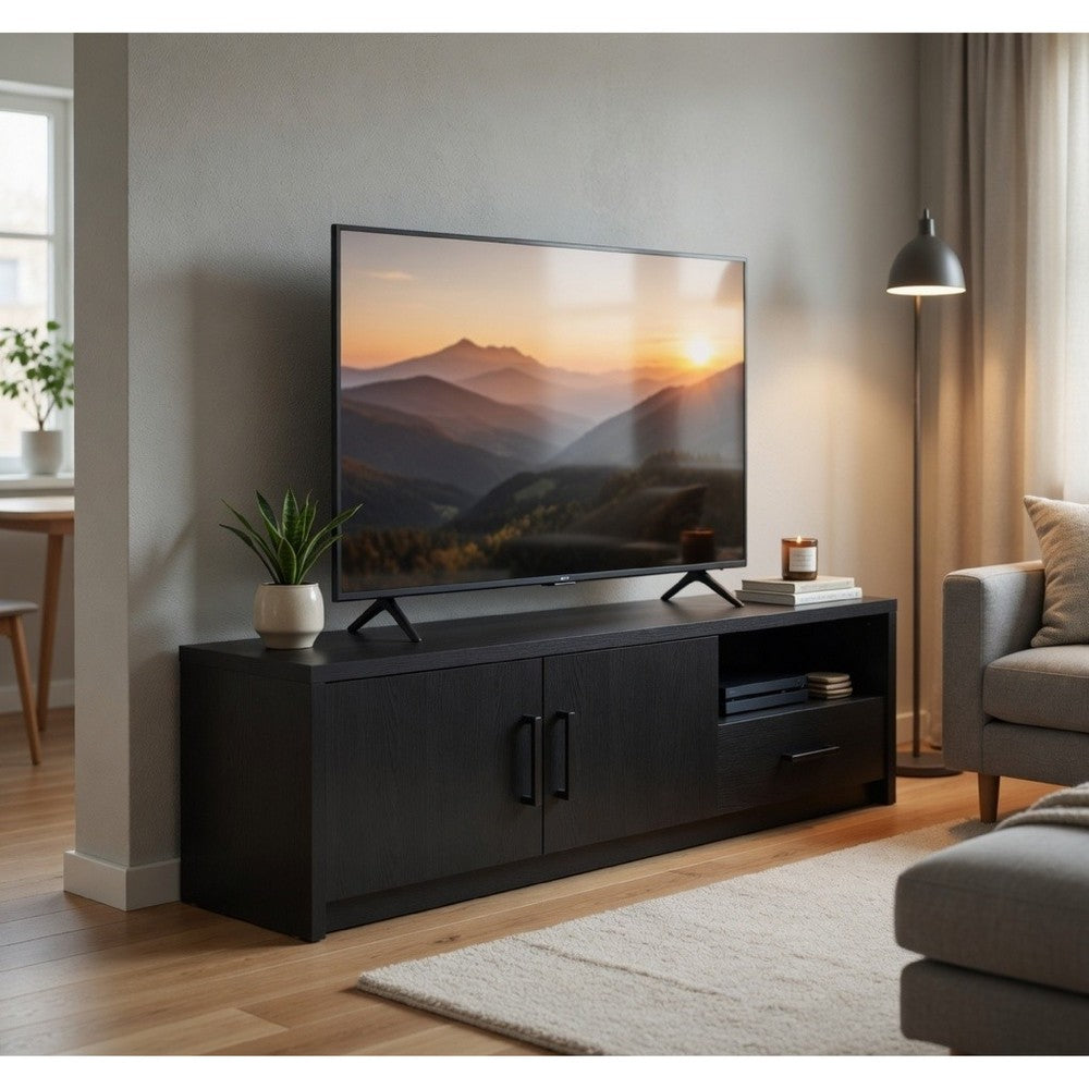 Benjara Marge TV Stand Media Console, 2 Doors And Drawer, Black Wood 70 Inch