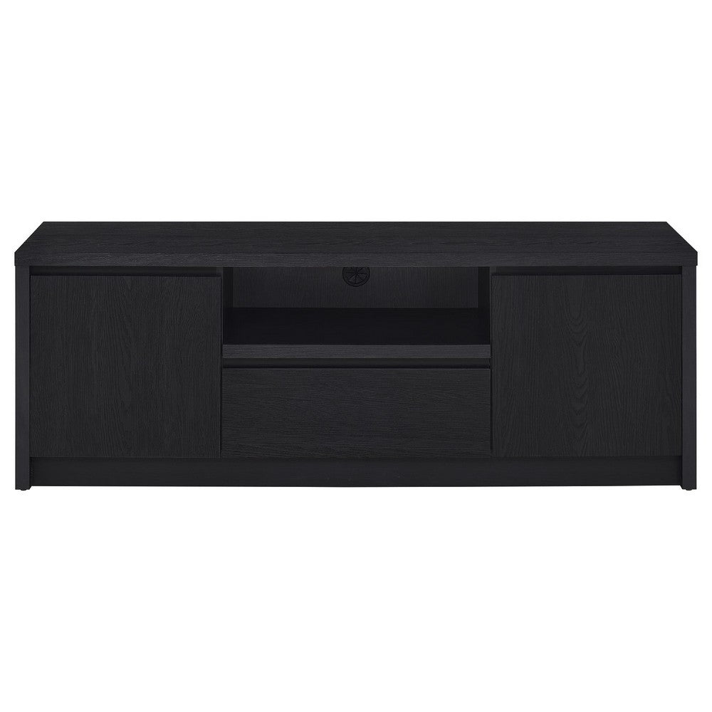 Benjara Winie TV Stand Media Console, 2 Doors, Open Shelf, Black Wood 60 Inch