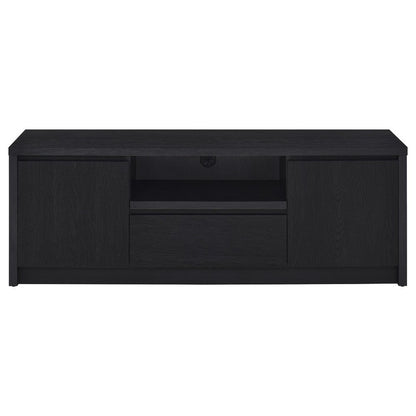 Benjara Winie TV Stand Media Console, 2 Doors, Open Shelf, Black Wood 60 Inch