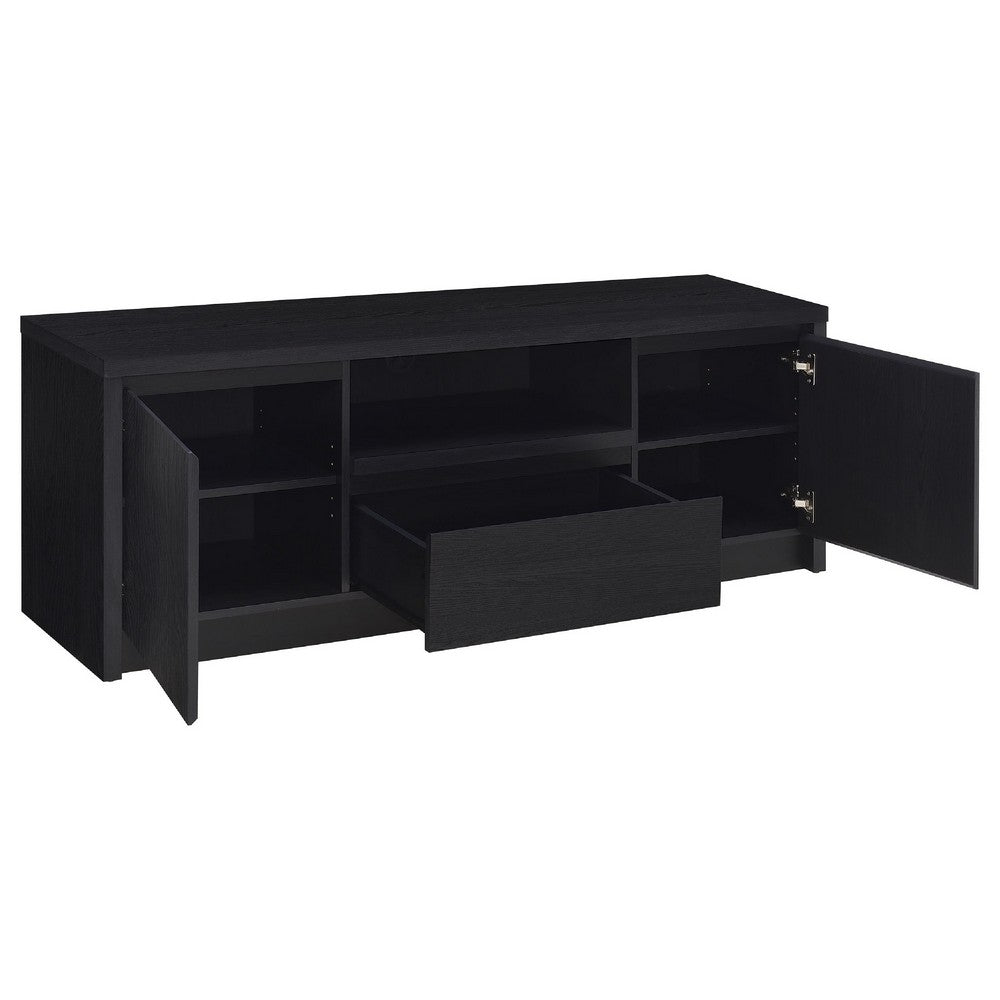 Benjara Winie TV Stand Media Console, 2 Doors, Open Shelf, Black Wood 60 Inch