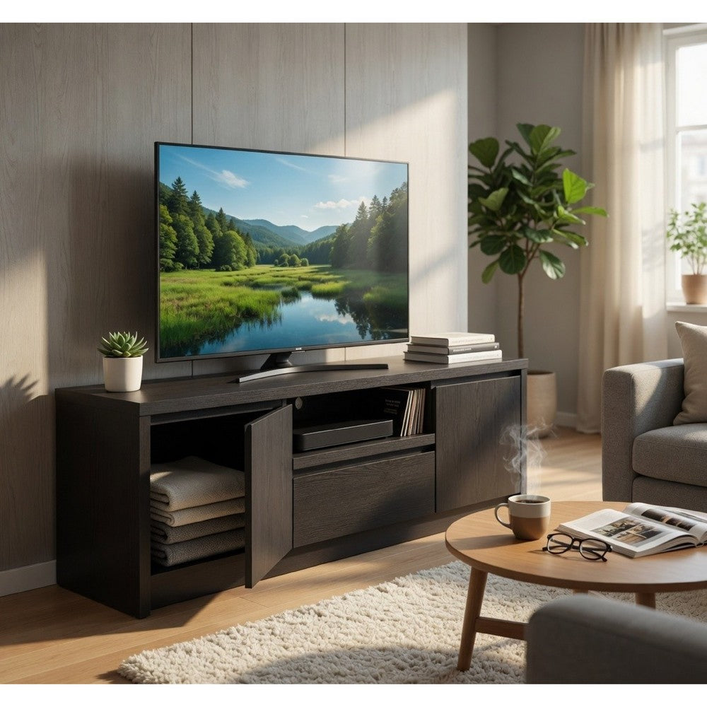 Benjara Winie TV Stand Media Console, 2 Doors, Open Shelf, Black Wood 60 Inch