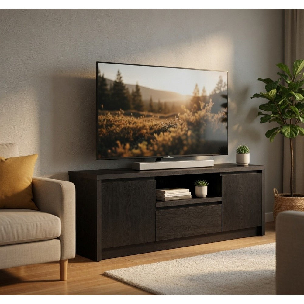 Benjara Winie TV Stand Media Console, 2 Doors, Open Shelf, Black Wood 60 Inch