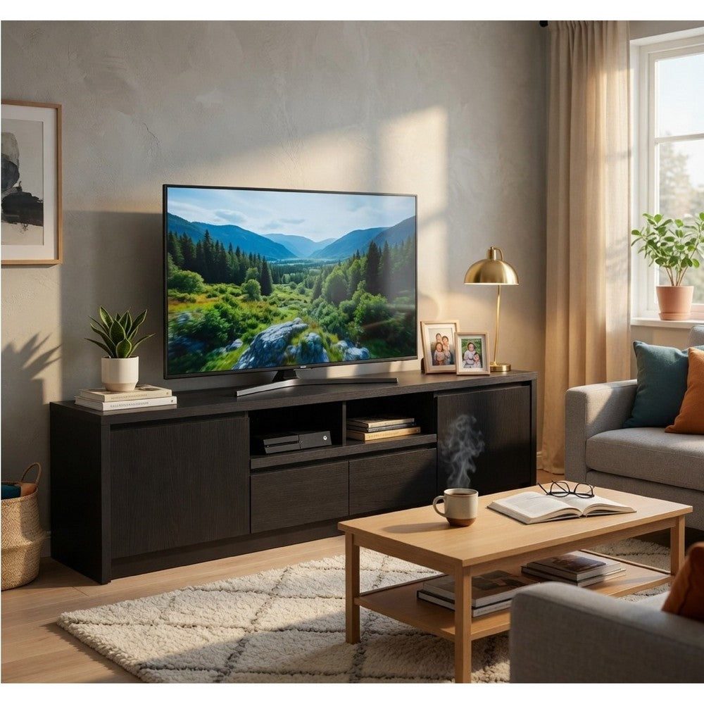 Benjara Winie TV Stand Media Console, 2 Doors And Drawers, Black Wood 78 Inch