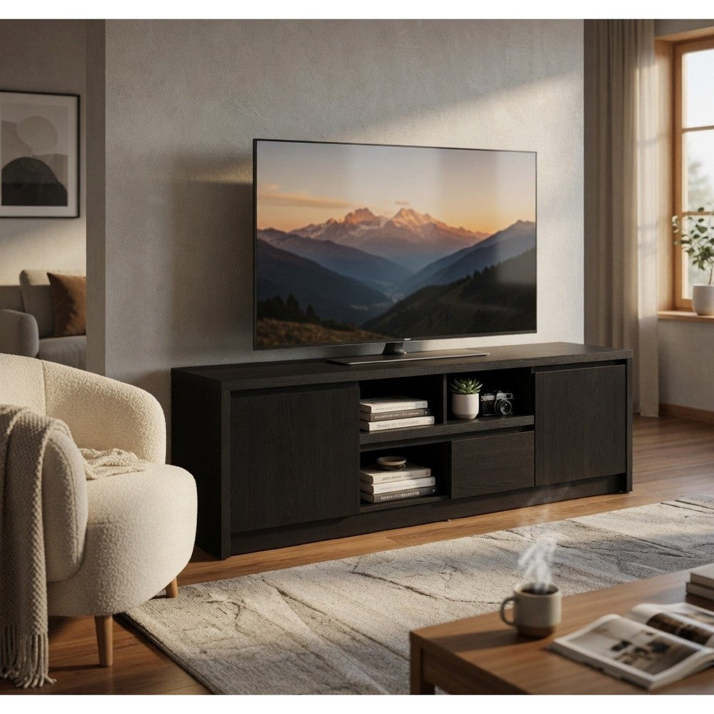 Benjara Winie TV Stand Media Console, 2 Doors And Drawers, Black Wood 78 Inch