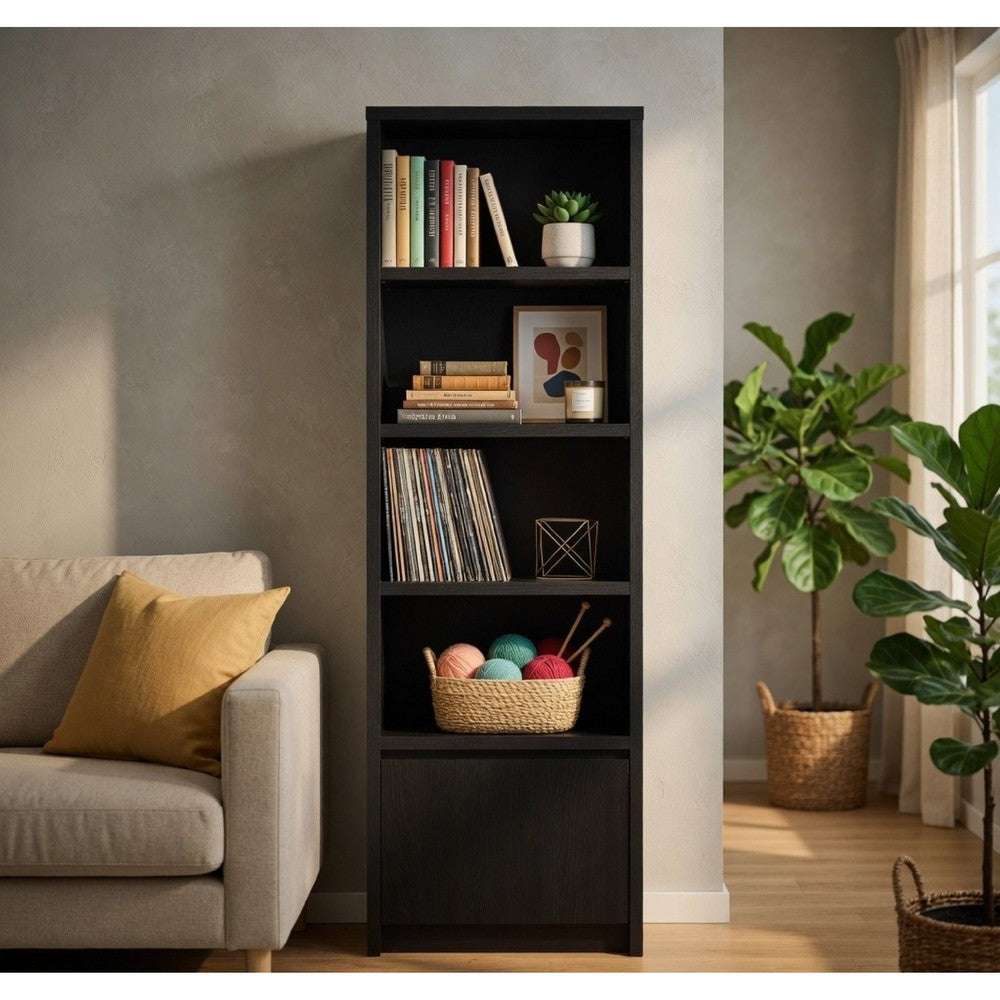 Benjara Winie Media Tower with Open Shelves And Cabinet, Black Wood 71 Inch