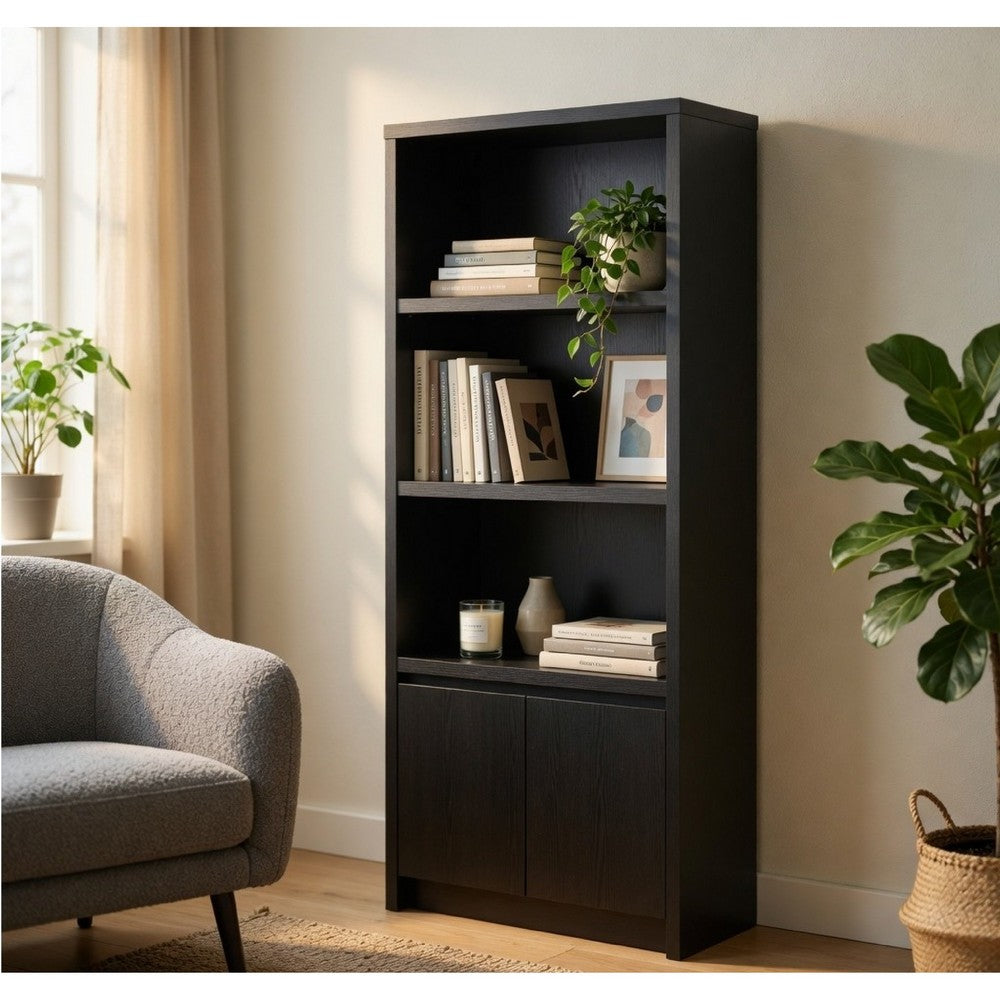 Benjara Winie Media Tower with Open Shelves And Cabinet, Black Wood 71 Inch