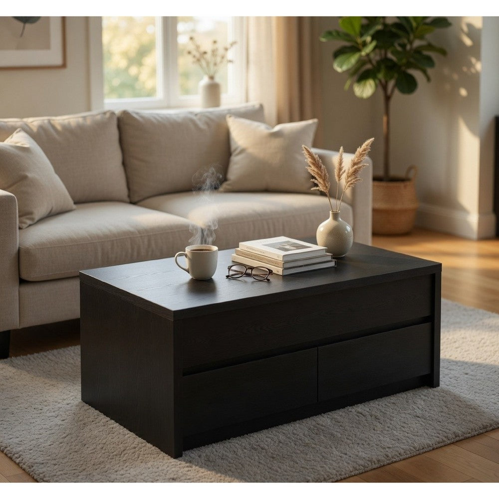 Benjara Knax Lift-Top Coffee Table with Hidden Storage And Drawers, Black Wood