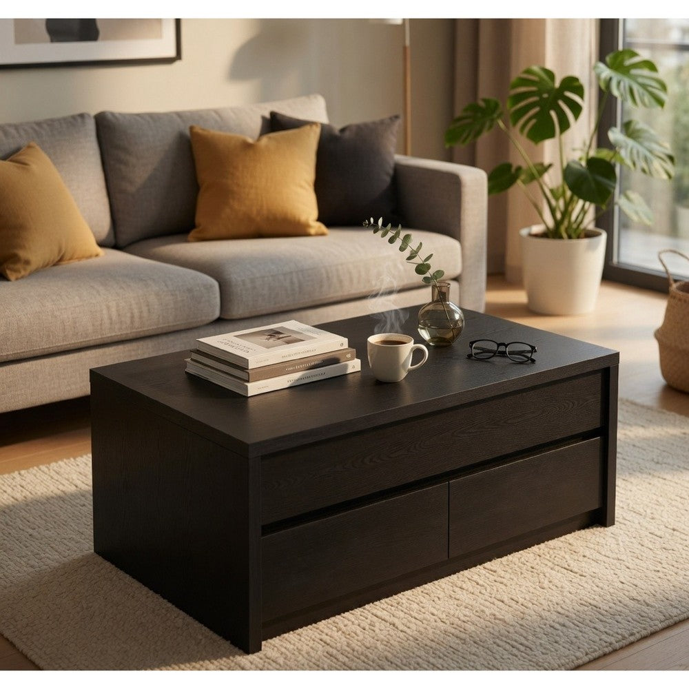 Benjara Knax Lift-Top Coffee Table with Hidden Storage And Drawers, Black Wood