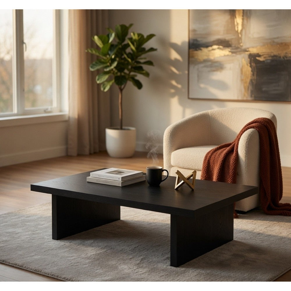 Benjara Maxy Rectangular Coffee Table with Slab-Style Base, Black Wood 54 Inch