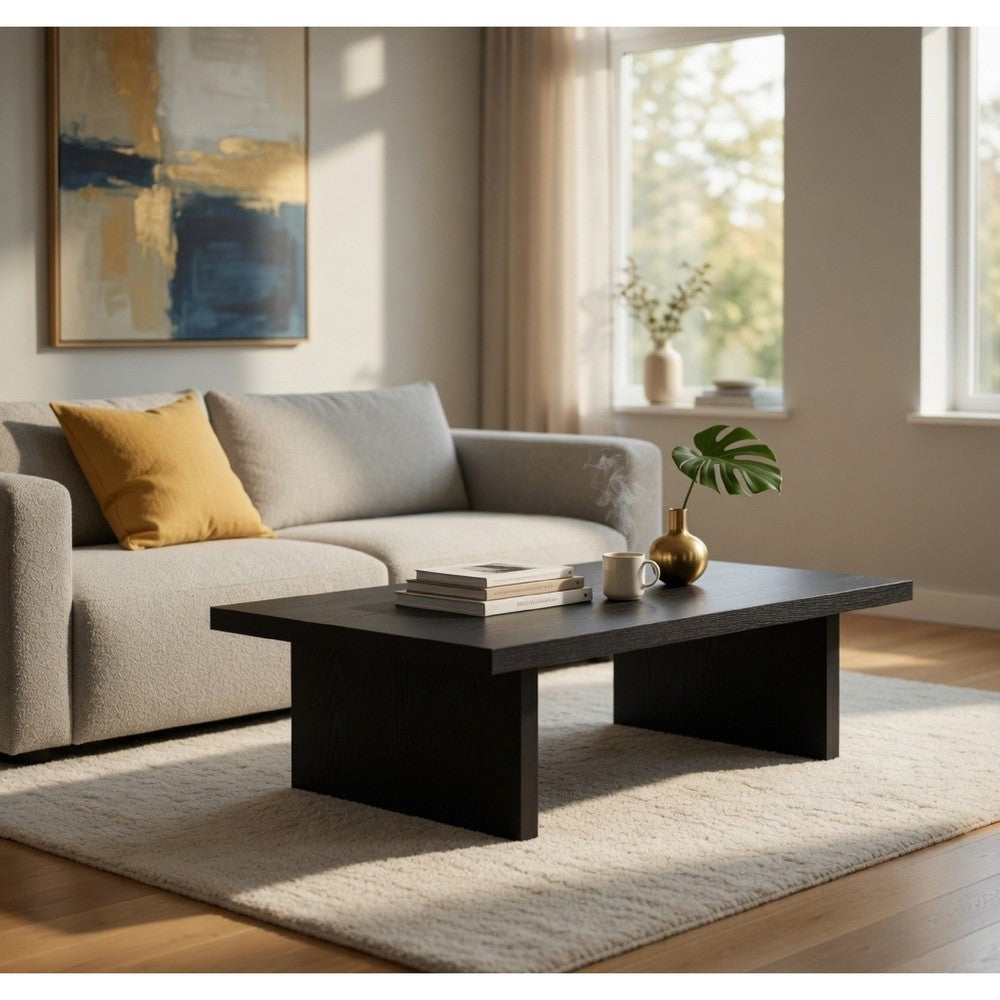 Benjara Maxy Rectangular Coffee Table with Slab-Style Base, Black Wood 54 Inch